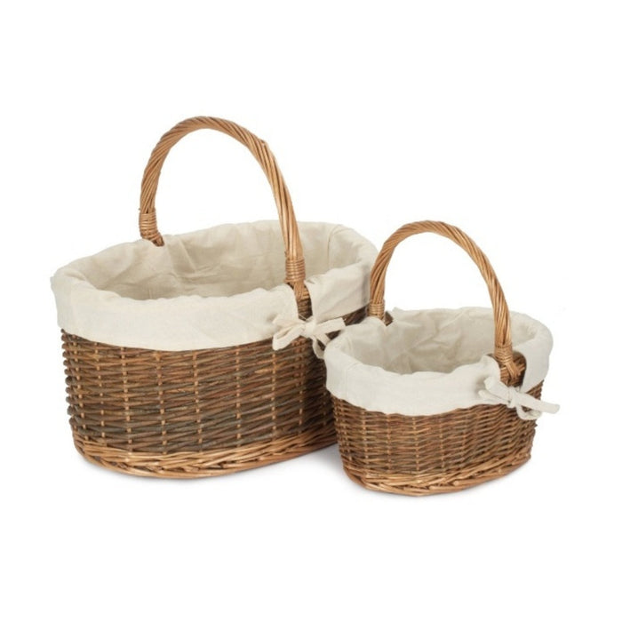 White Cotton Lined Country Oval Wicker Shopping Basket