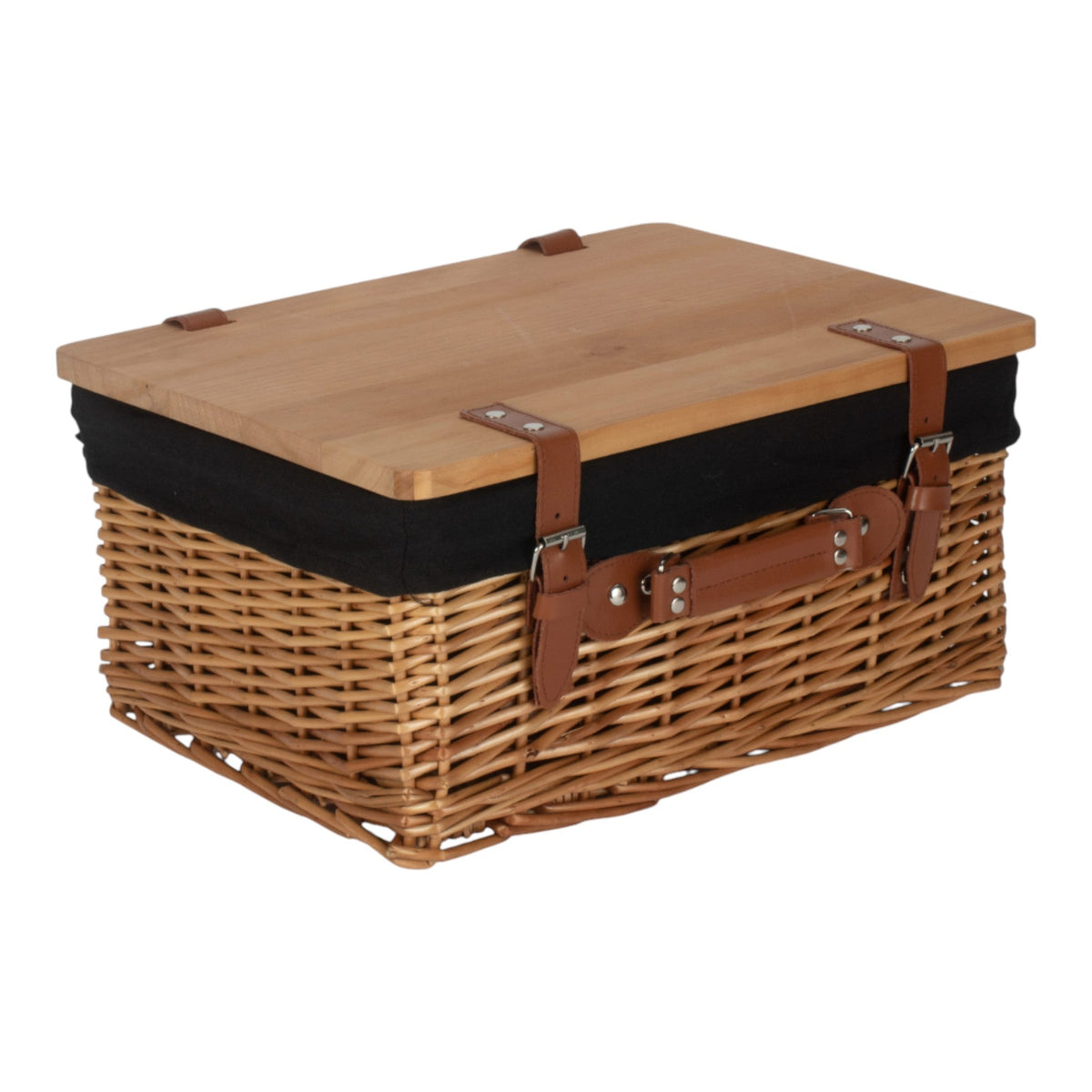 The Willow Basket Double Steamed Black Lined Willow Empty Picnic Basket with Pinewood Lid