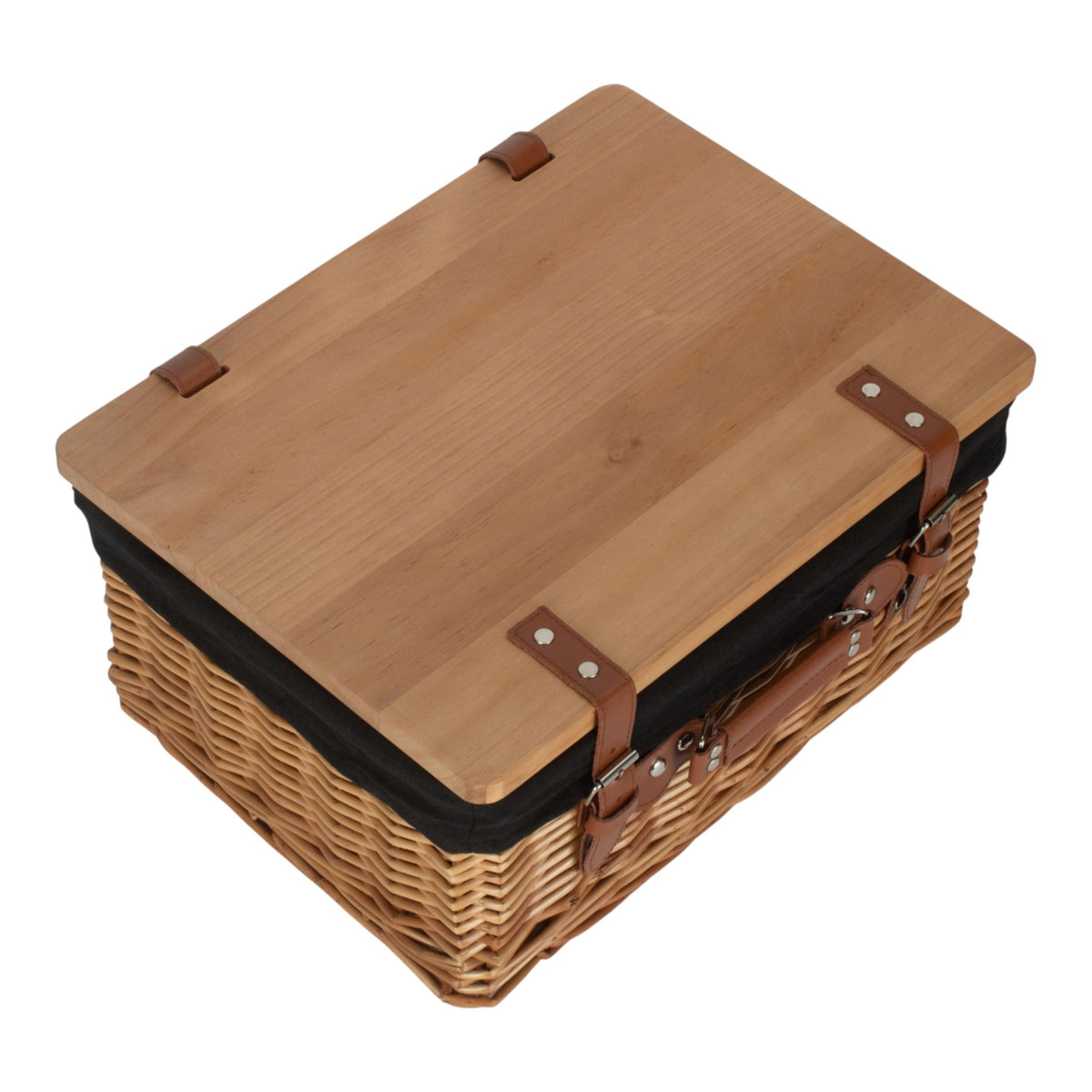 The Willow Basket Double Steamed Black Lined Willow Empty Picnic Basket with Pinewood Lid