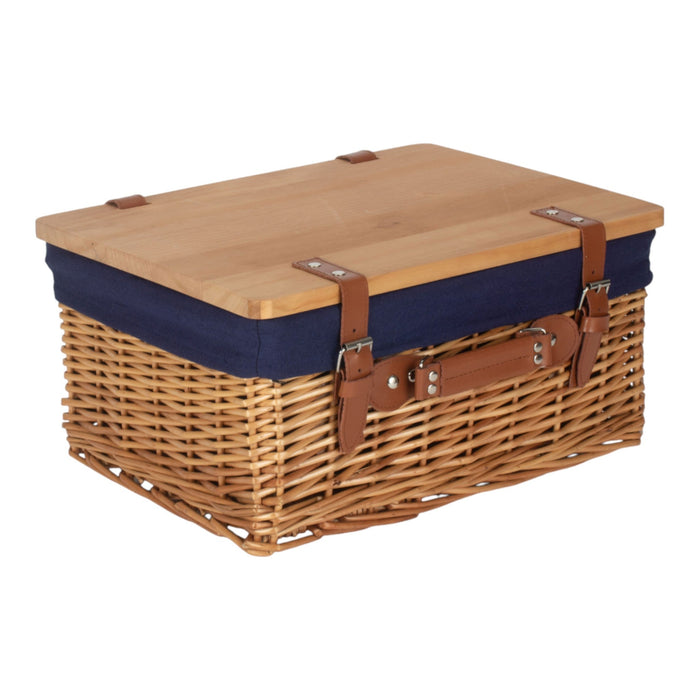 Red Hamper Double Steamed Navy Lined Willow Empty Picnic Basket with Pinewood Lid