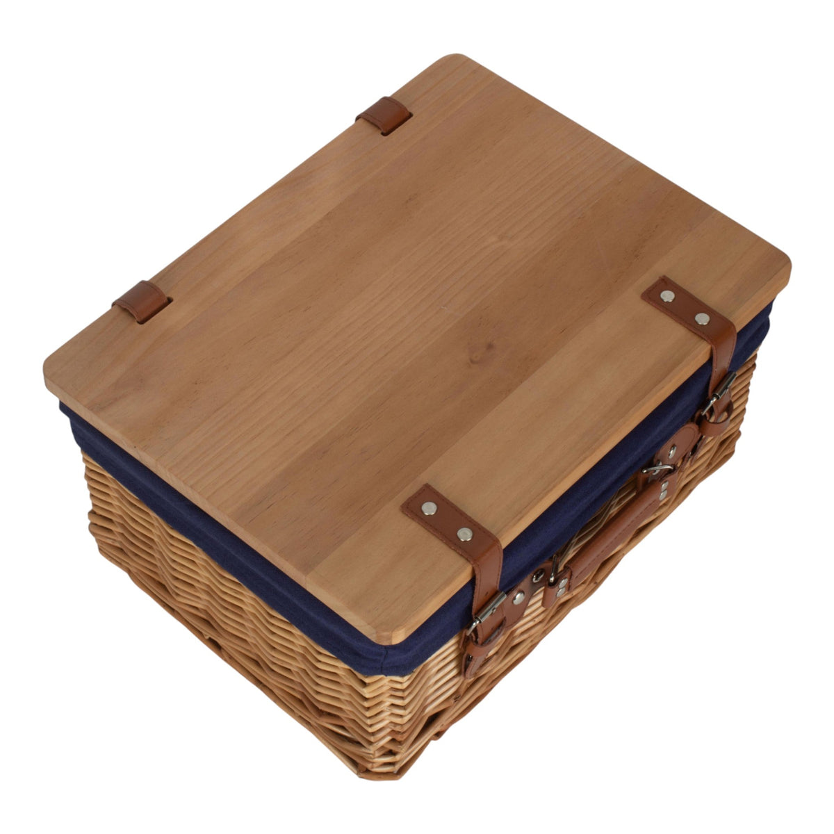 Red Hamper Double Steamed Navy Lined Willow Empty Picnic Basket with Pinewood Lid