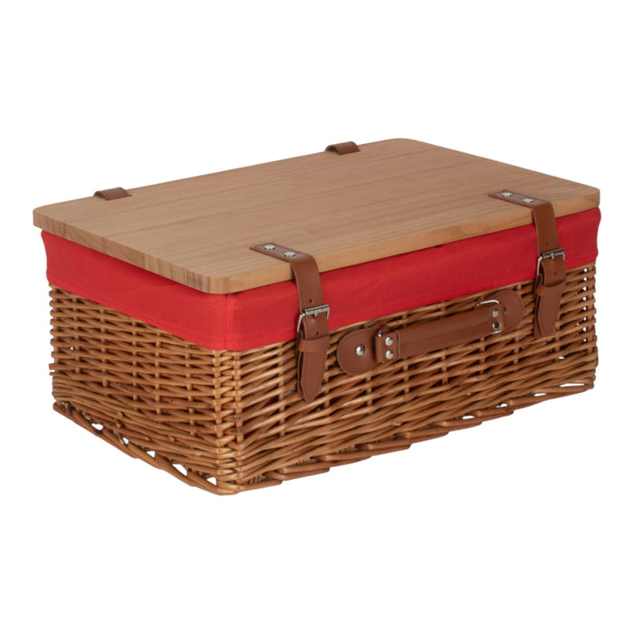 Double Steamed Red Lined Willow Empty Picnic Basket with Pinewood Lid