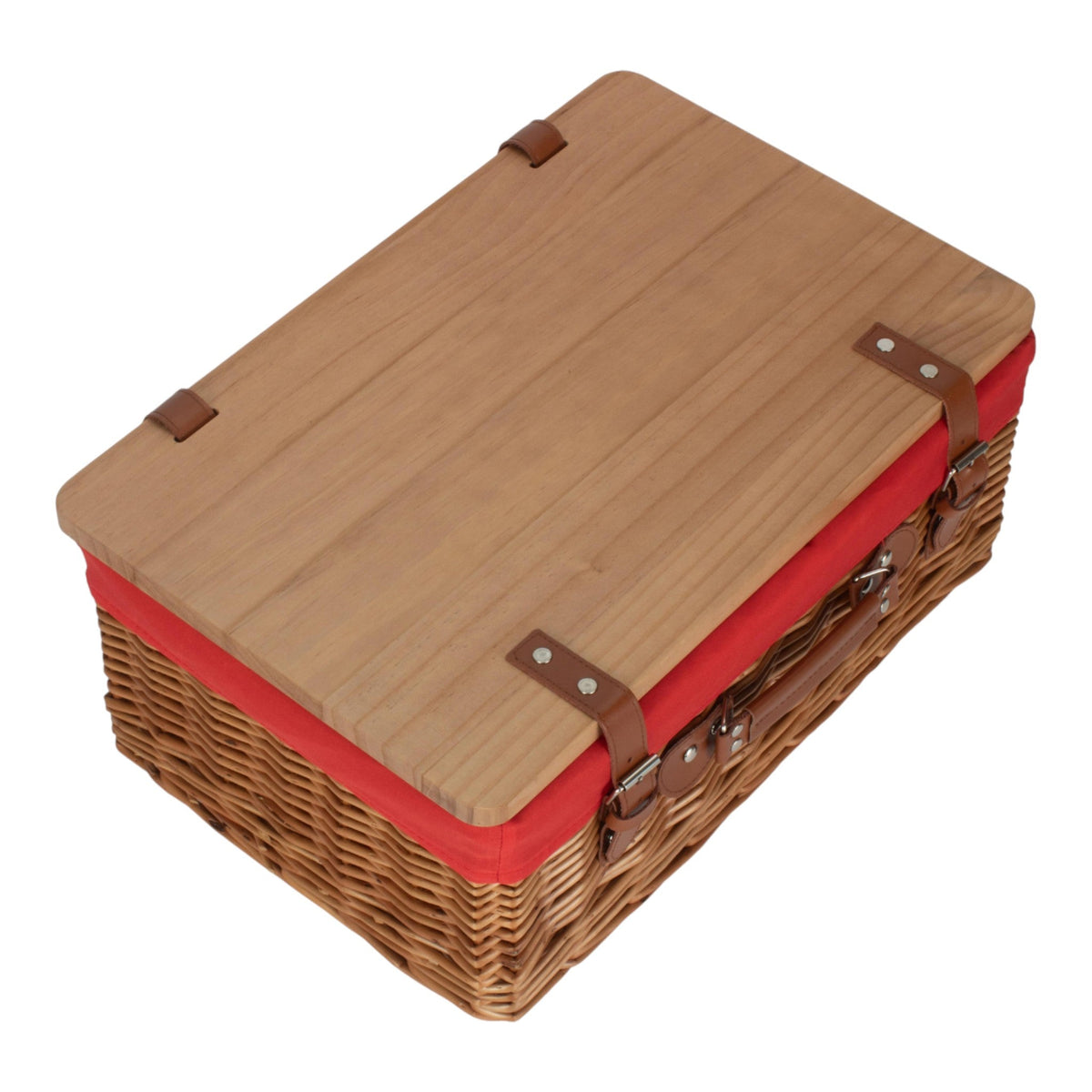 Red Hamper Double Steamed White Lined Willow Empty Picnic Basket with Pinewood Lid