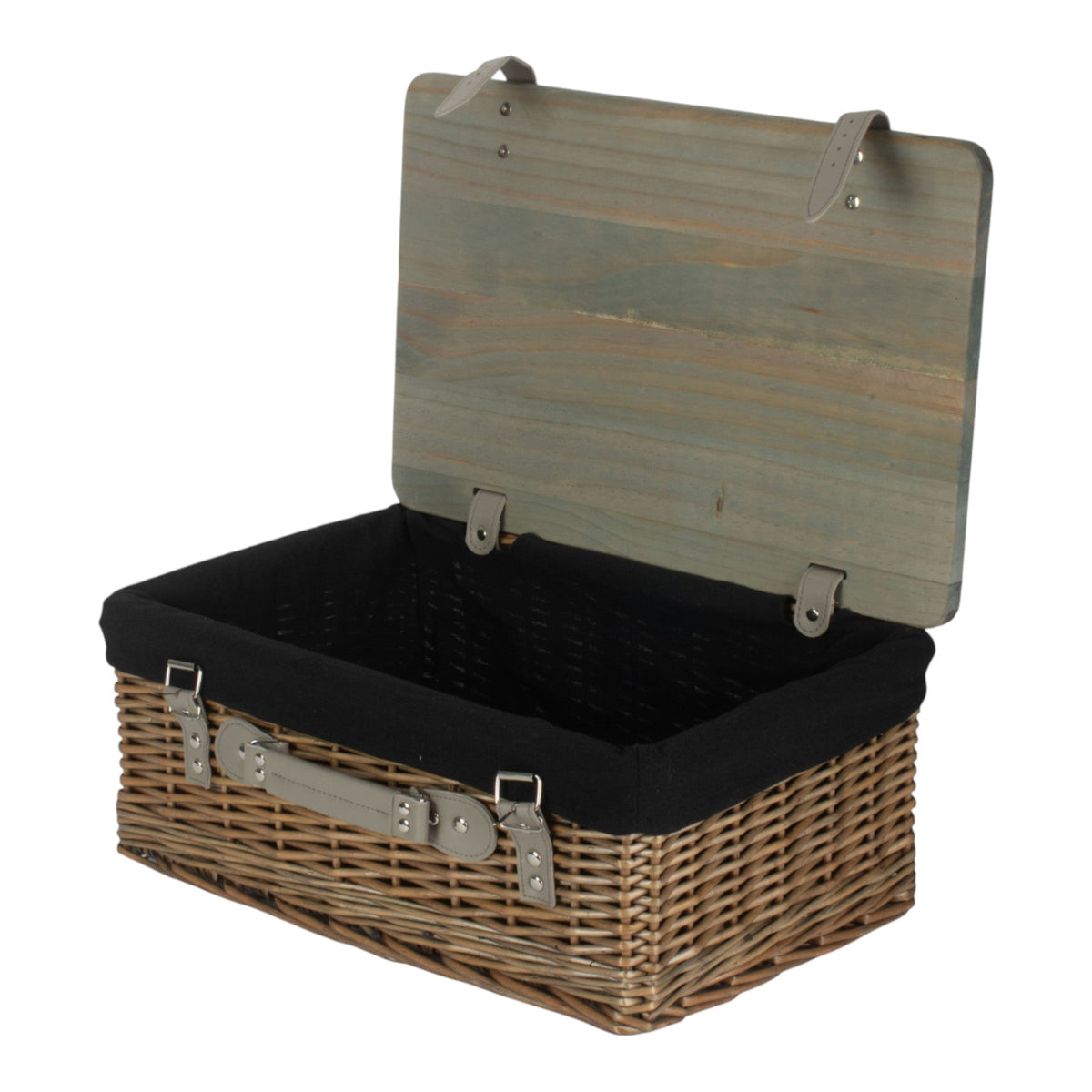 The Willow Basket Antique Wash Black Lined Willow Empty Picnic Basket with Pinewood Lid