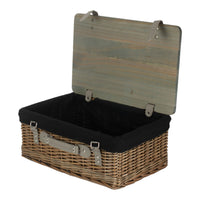 The Willow Basket Antique Wash Black Lined Willow Empty Picnic Basket with Pinewood Lid