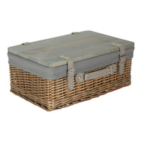 The Willow Basket Antique Wash Grey Lined Willow Empty Picnic Basket with Pinewood Lid