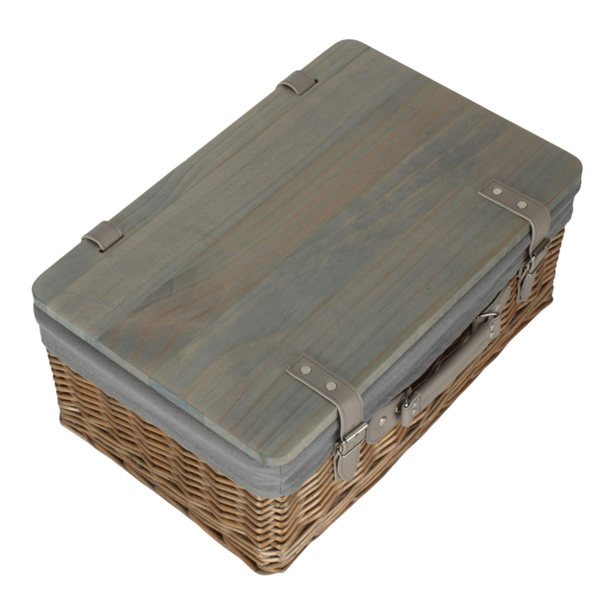 The Willow Basket Antique Wash Grey Lined Willow Empty Picnic Basket with Pinewood Lid