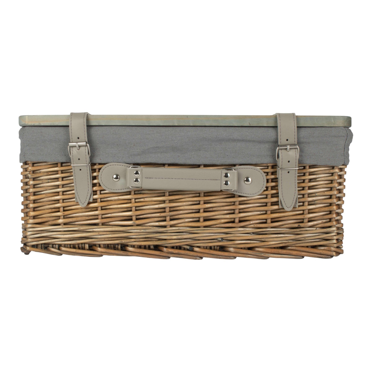 The Willow Basket Antique Wash Grey Lined Willow Empty Picnic Basket with Pinewood Lid