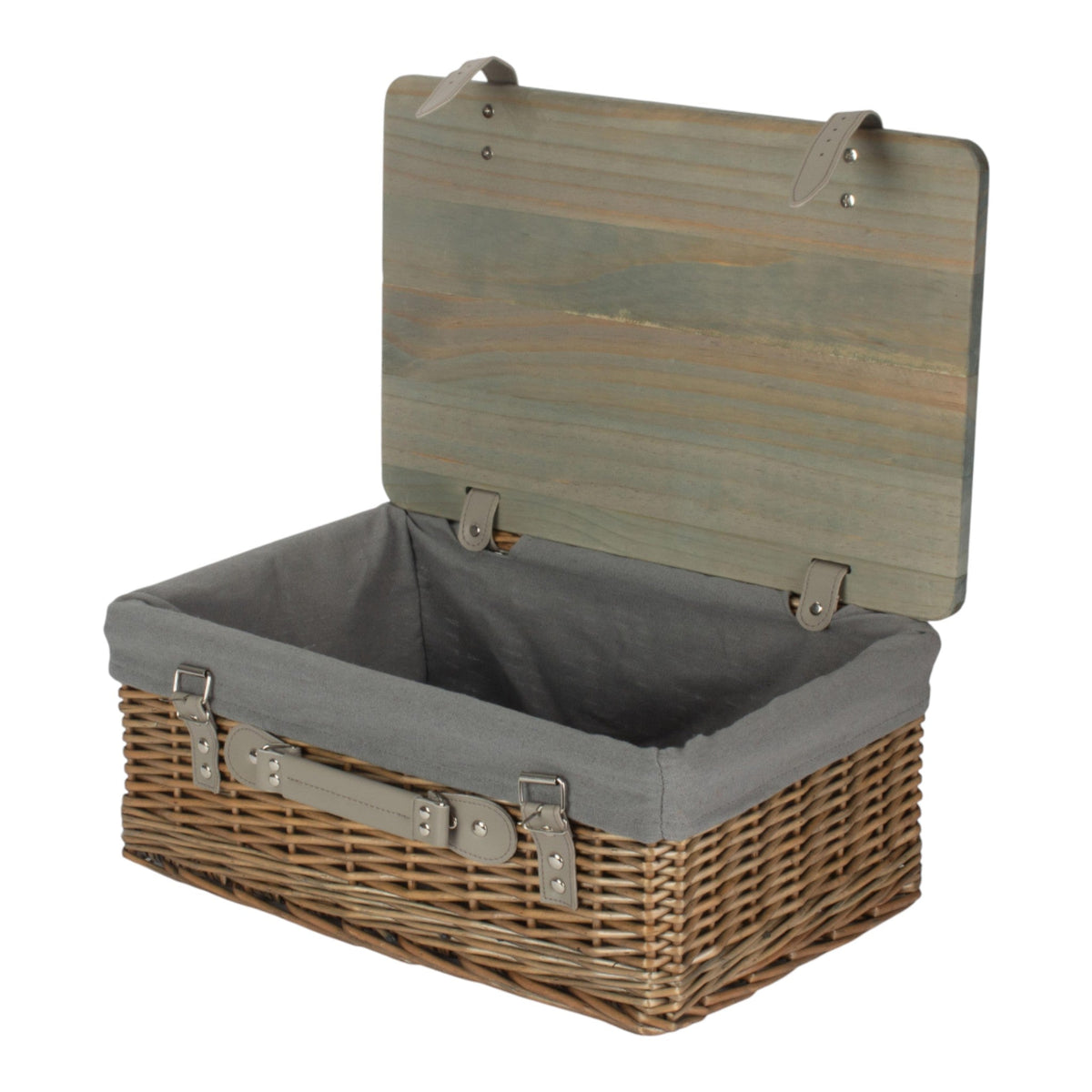 The Willow Basket Antique Wash Grey Lined Willow Empty Picnic Basket with Pinewood Lid