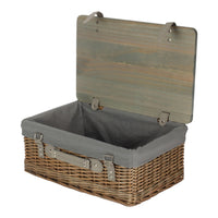 The Willow Basket Antique Wash Grey Lined Willow Empty Picnic Basket with Pinewood Lid