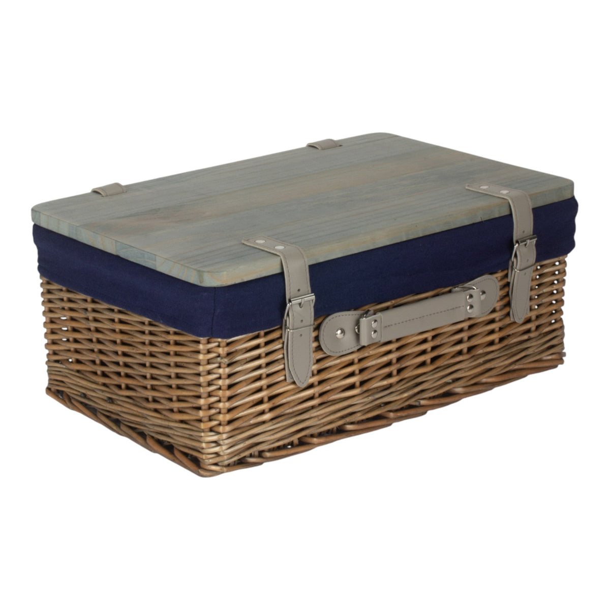 The Willow Basket Antique Wash Navy Lined Willow Empty Picnic Basket with Pinewood Lid
