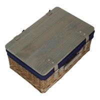 The Willow Basket Antique Wash Navy Lined Willow Empty Picnic Basket with Pinewood Lid