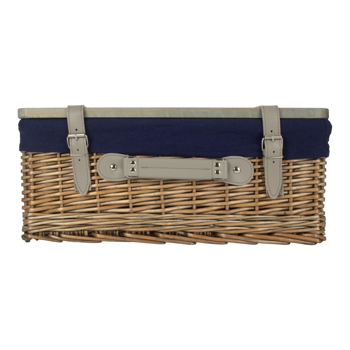 The Willow Basket Antique Wash Navy Lined Willow Empty Picnic Basket with Pinewood Lid