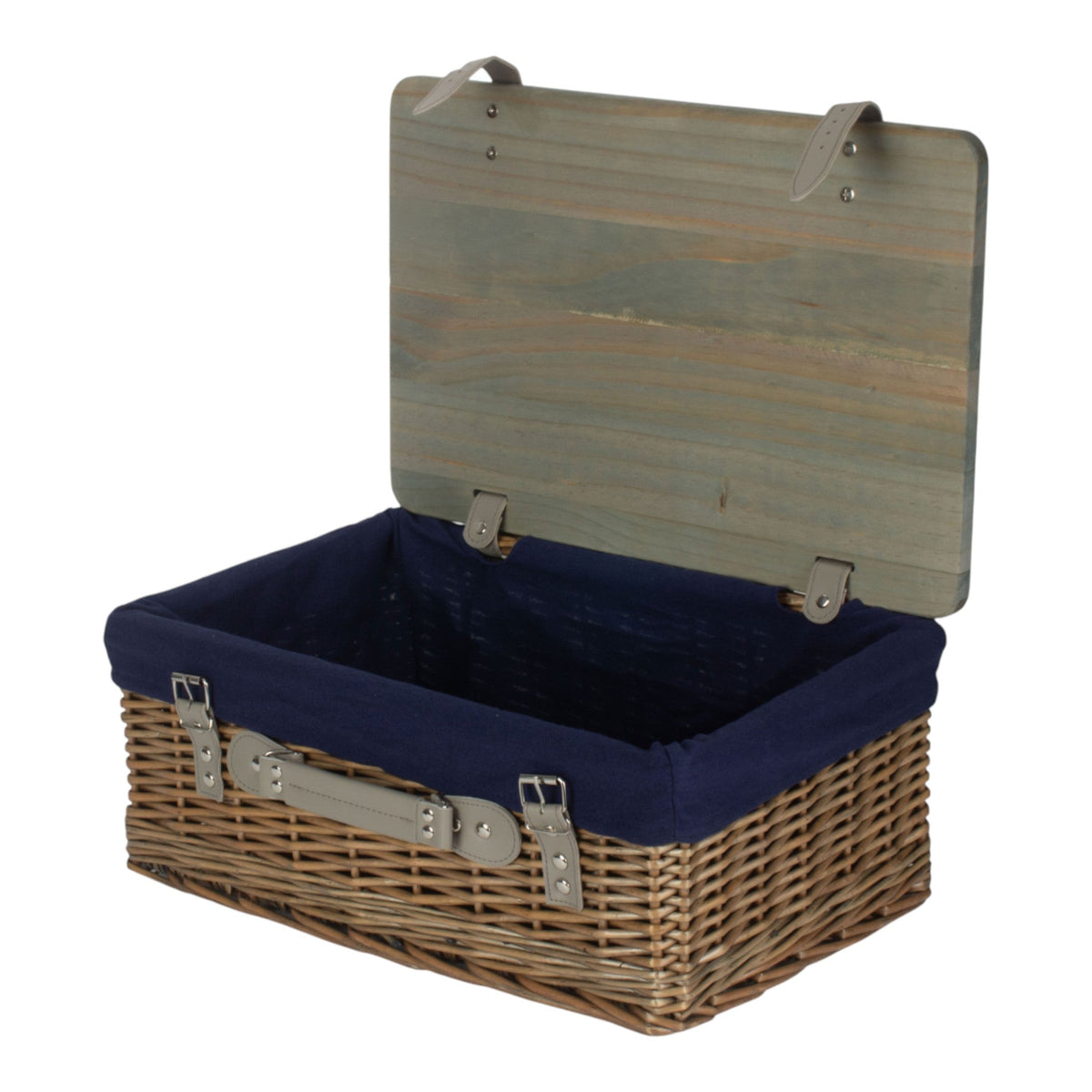 The Willow Basket Antique Wash Navy Lined Willow Empty Picnic Basket with Pinewood Lid