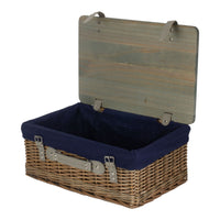 The Willow Basket Antique Wash Navy Lined Willow Empty Picnic Basket with Pinewood Lid
