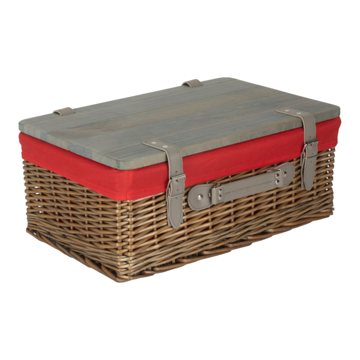 The Willow Basket Antique Wash Red Lined Willow Empty Picnic Basket with Pinewood Lid