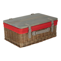 The Willow Basket Antique Wash Red Lined Willow Empty Picnic Basket with Pinewood Lid