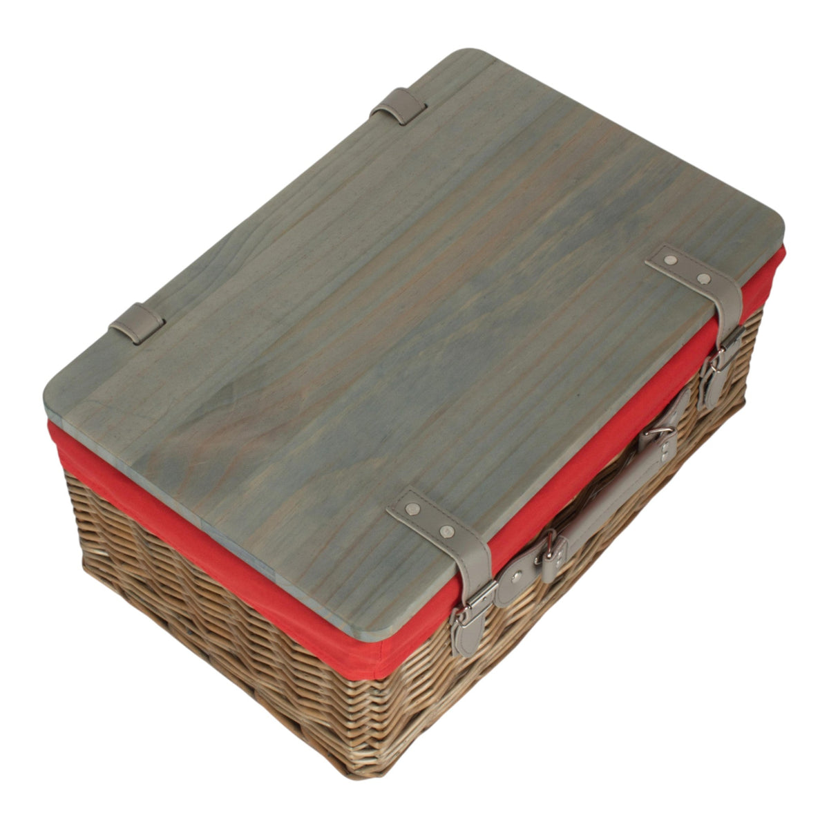 The Willow Basket Antique Wash Red Lined Willow Empty Picnic Basket with Pinewood Lid
