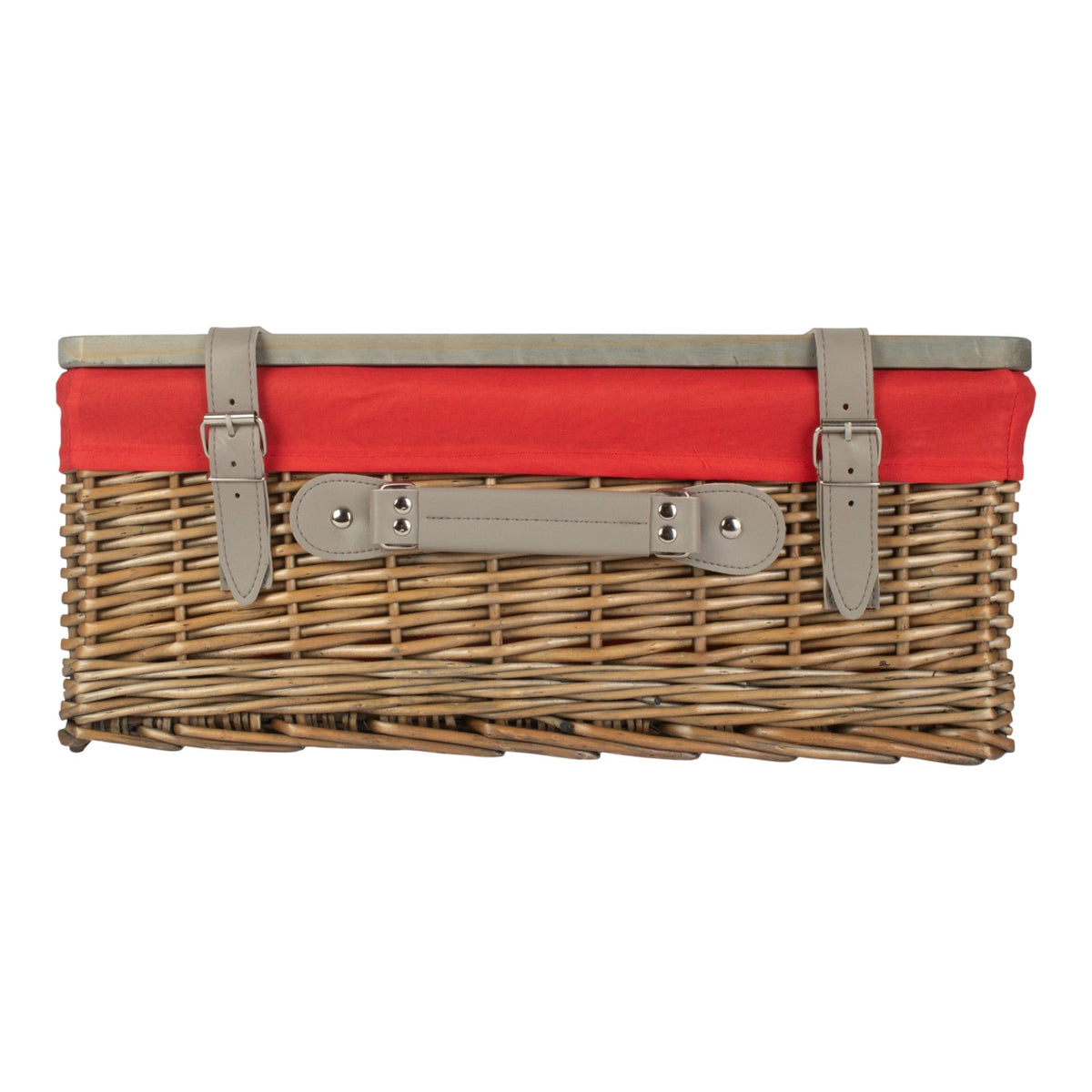 The Willow Basket Antique Wash Red Lined Willow Empty Picnic Basket with Pinewood Lid