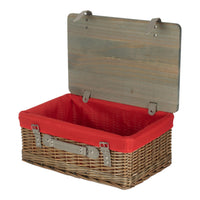 The Willow Basket Antique Wash Red Lined Willow Empty Picnic Basket with Pinewood Lid