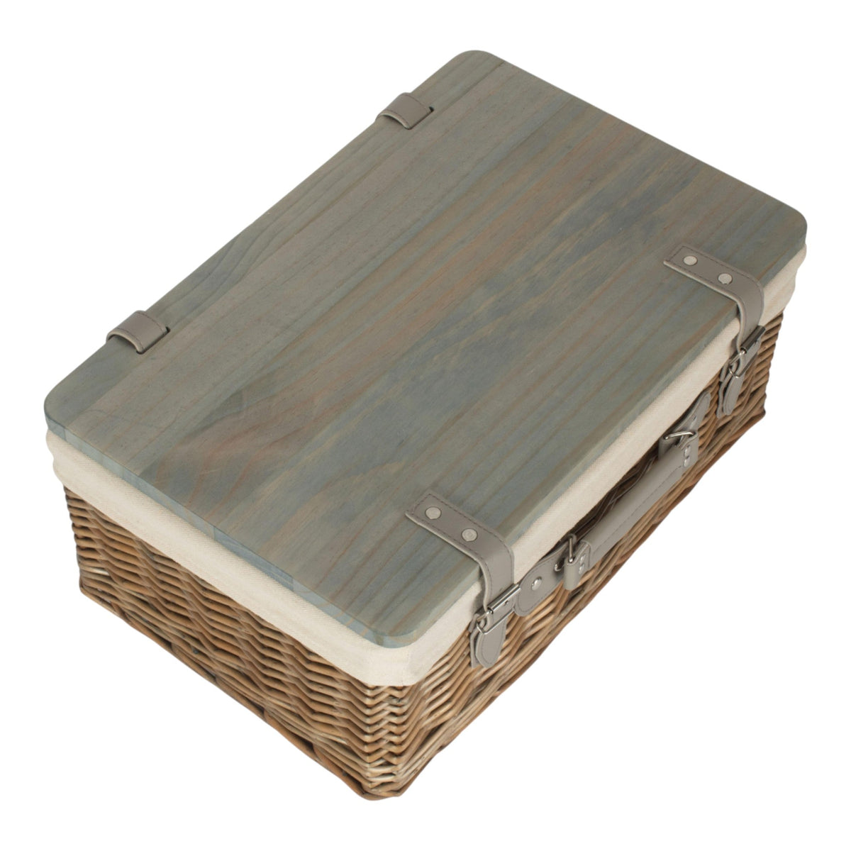The Willow Basket Antique Wash White Lined Willow Empty Picnic Basket with Pinewood Lid