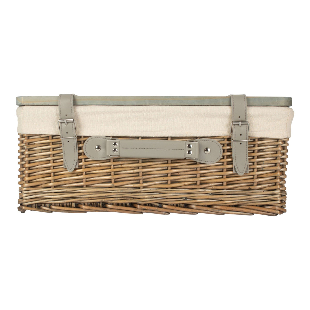 The Willow Basket Antique Wash White Lined Willow Empty Picnic Basket with Pinewood Lid