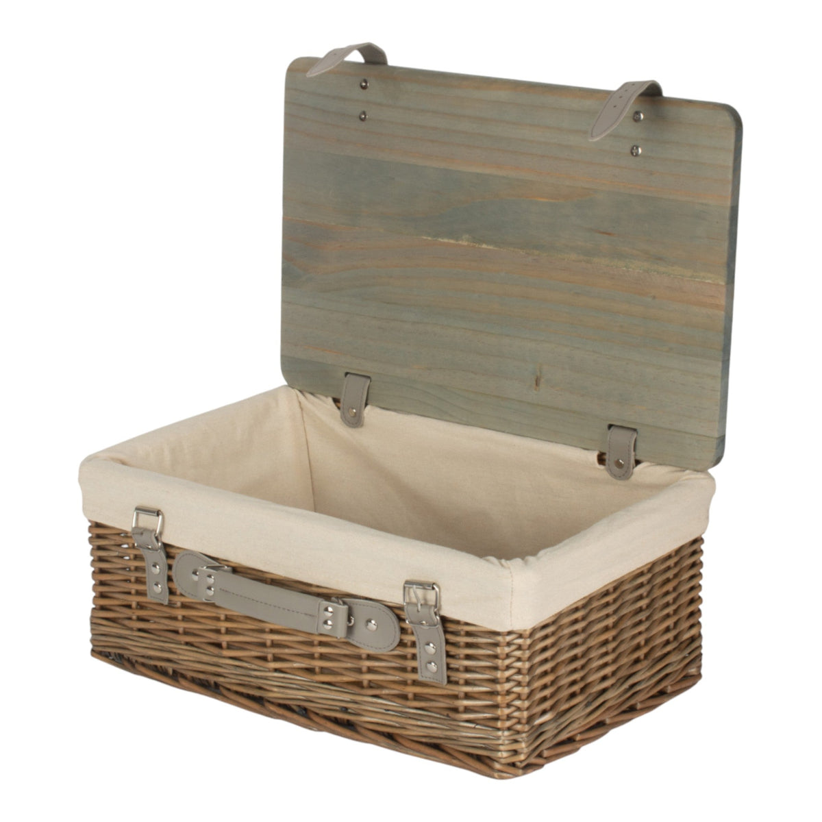 The Willow Basket Antique Wash White Lined Willow Empty Picnic Basket with Pinewood Lid