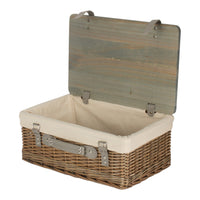 The Willow Basket Antique Wash White Lined Willow Empty Picnic Basket with Pinewood Lid