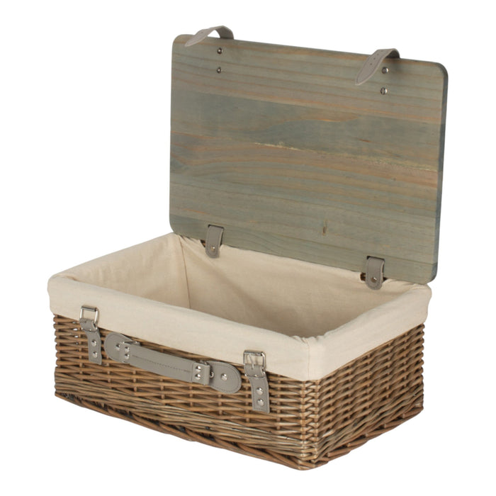 Antique Wash White Lined Willow Empty Picnic Basket with Pinewood Lid