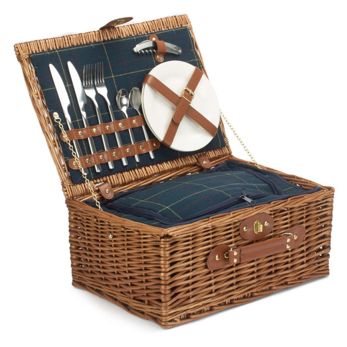Red Hamper Blue Tweed Fitted Wicker Picnic Basket
