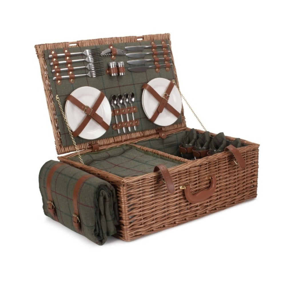 Red Hamper Green Tweed Fitted Wicker Picnic Basket