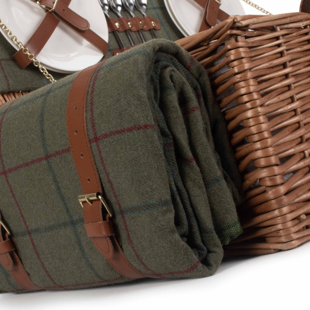 Red Hamper Green Tweed Fitted Wicker Picnic Basket