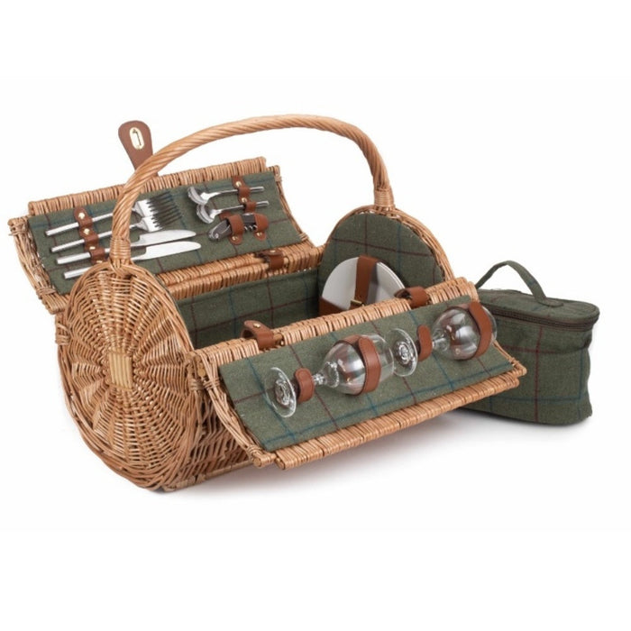 Red Hamper 3 Person Green Tweed Barrel Wicker Picnic Basket