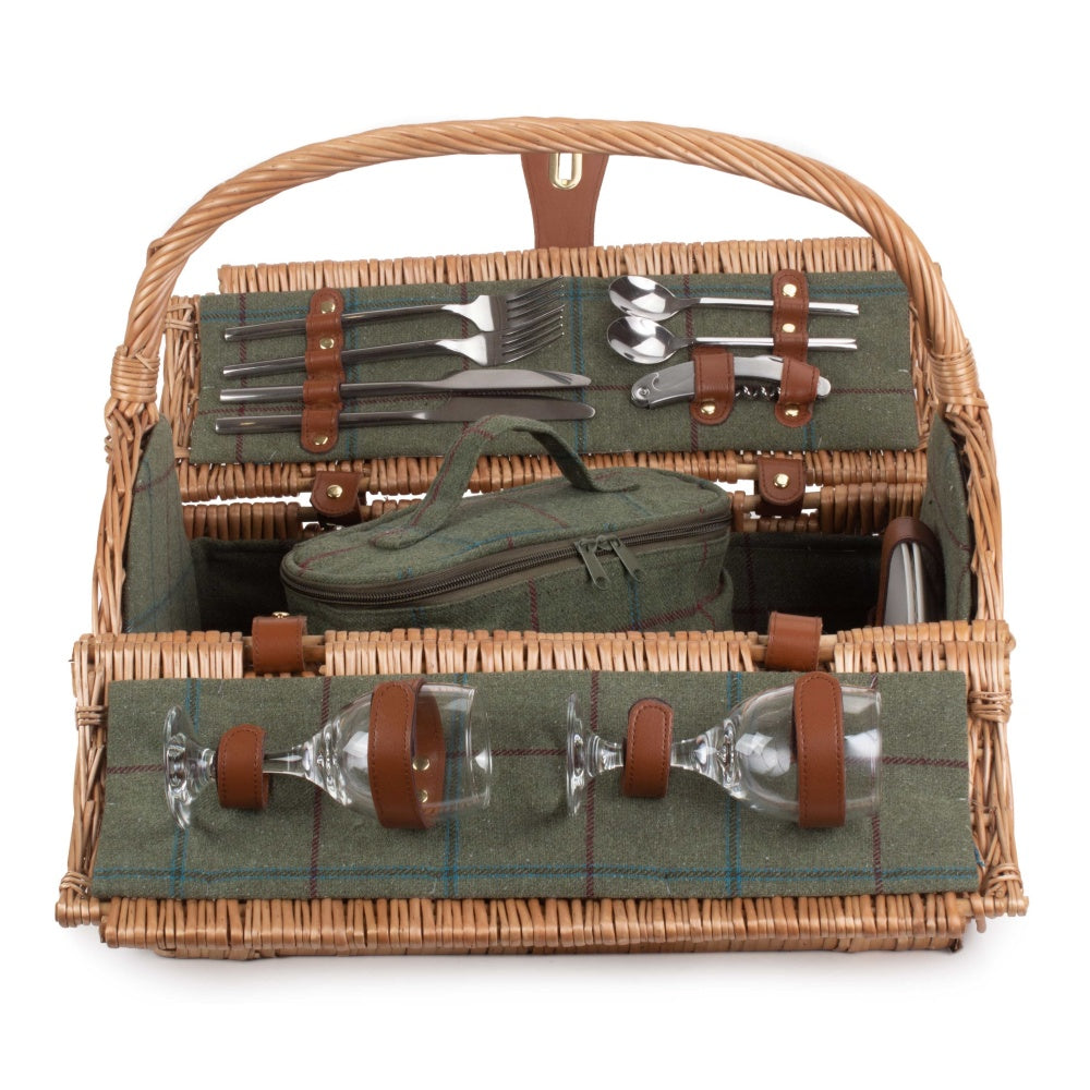 Red Hamper 5 Person Green Tweed Barrel Wicker Picnic Basket
