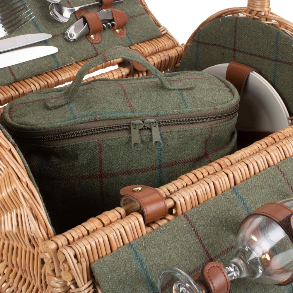 Red Hamper 8 Person Green Tweed Barrel Wicker Picnic Basket