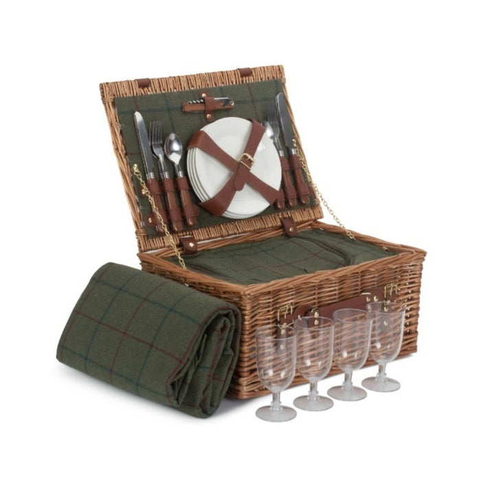 Red Hamper 4 Person Green Tweed Classic Fitted Picnic Basket
