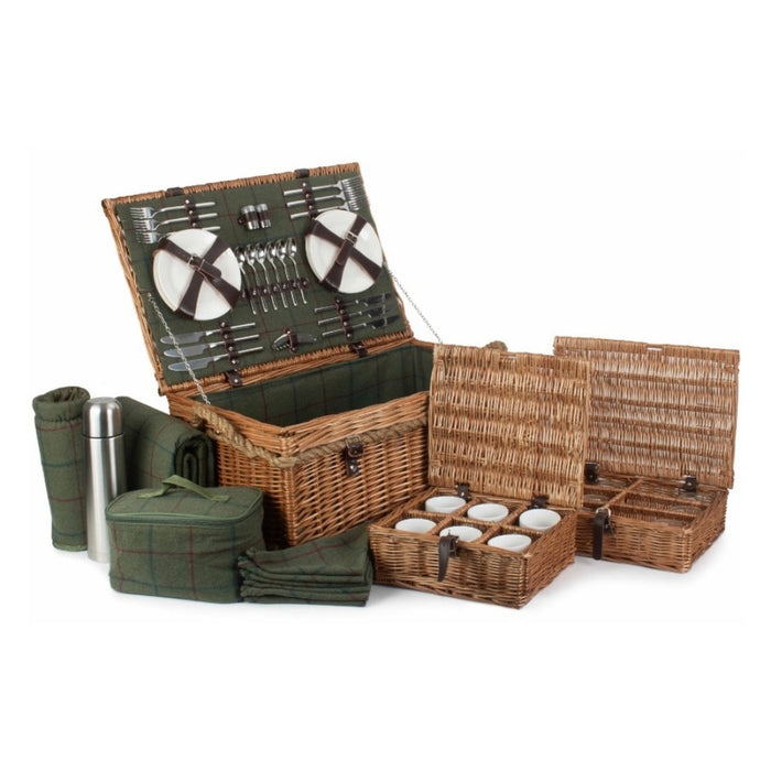 Red Hamper Rope Handled Green Tweed 6 Person Fitted Picnic Basket
