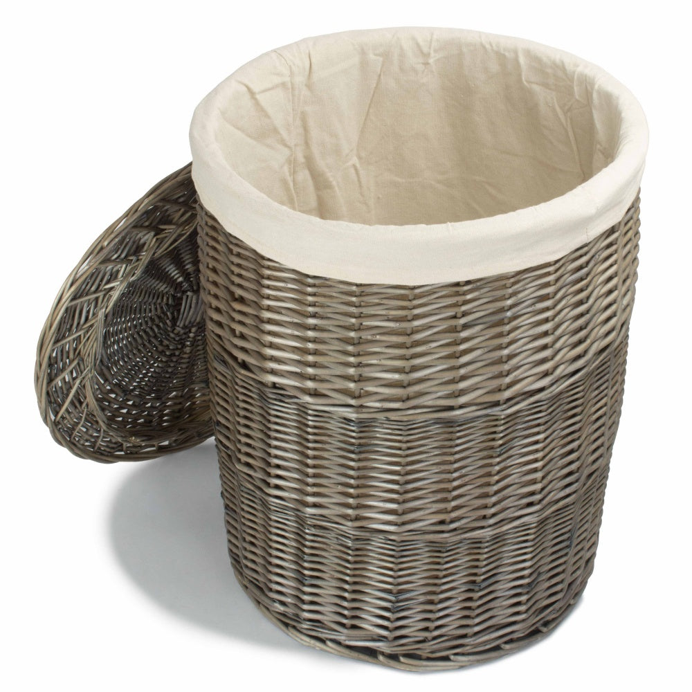 Red Hamper Antique Wash Round White Cotton Lined Laundry Basket