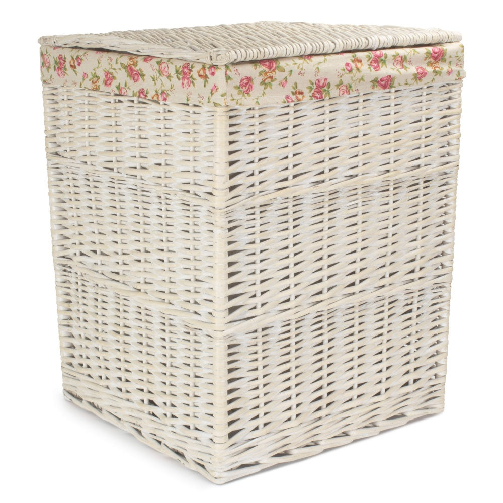 Red Hamper Square White Wash Wicker Laundry Basket Rose Lining
