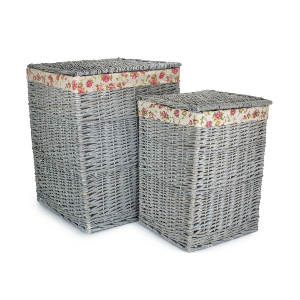 Red Hamper Grey Wash Square Laundry Basket with Garden Rose Lining