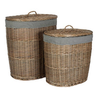 Antique Wash Grey Cotton Lined Oval Willow Laundry Basket