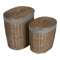 Antique Wash Grey Cotton Lined Oval Willow Laundry Basket