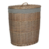 Antique Wash Grey Cotton Lined Oval Willow Laundry Basket
