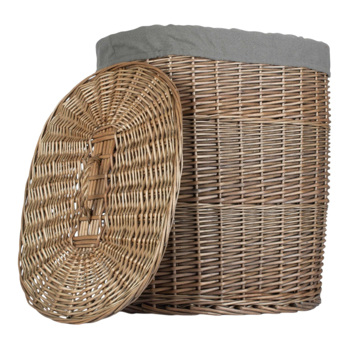 Antique Wash Grey Cotton Lined Oval Willow Laundry Basket
