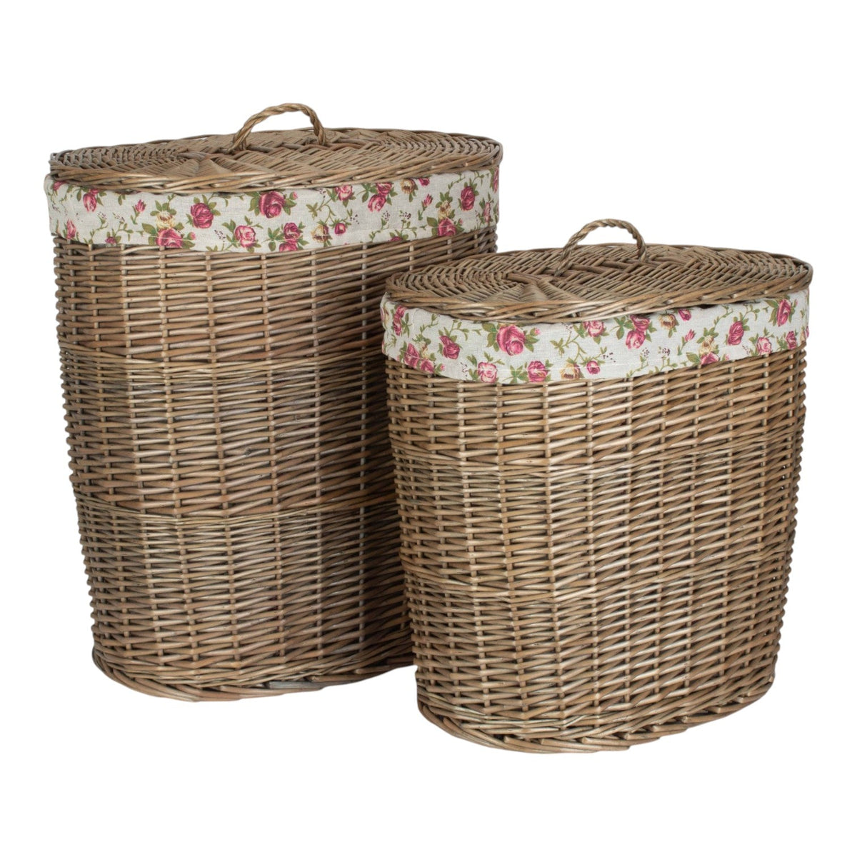 The Willow Basket Antique Wash Garden Rose Cotton Lined Oval Willow Laundry Basket
