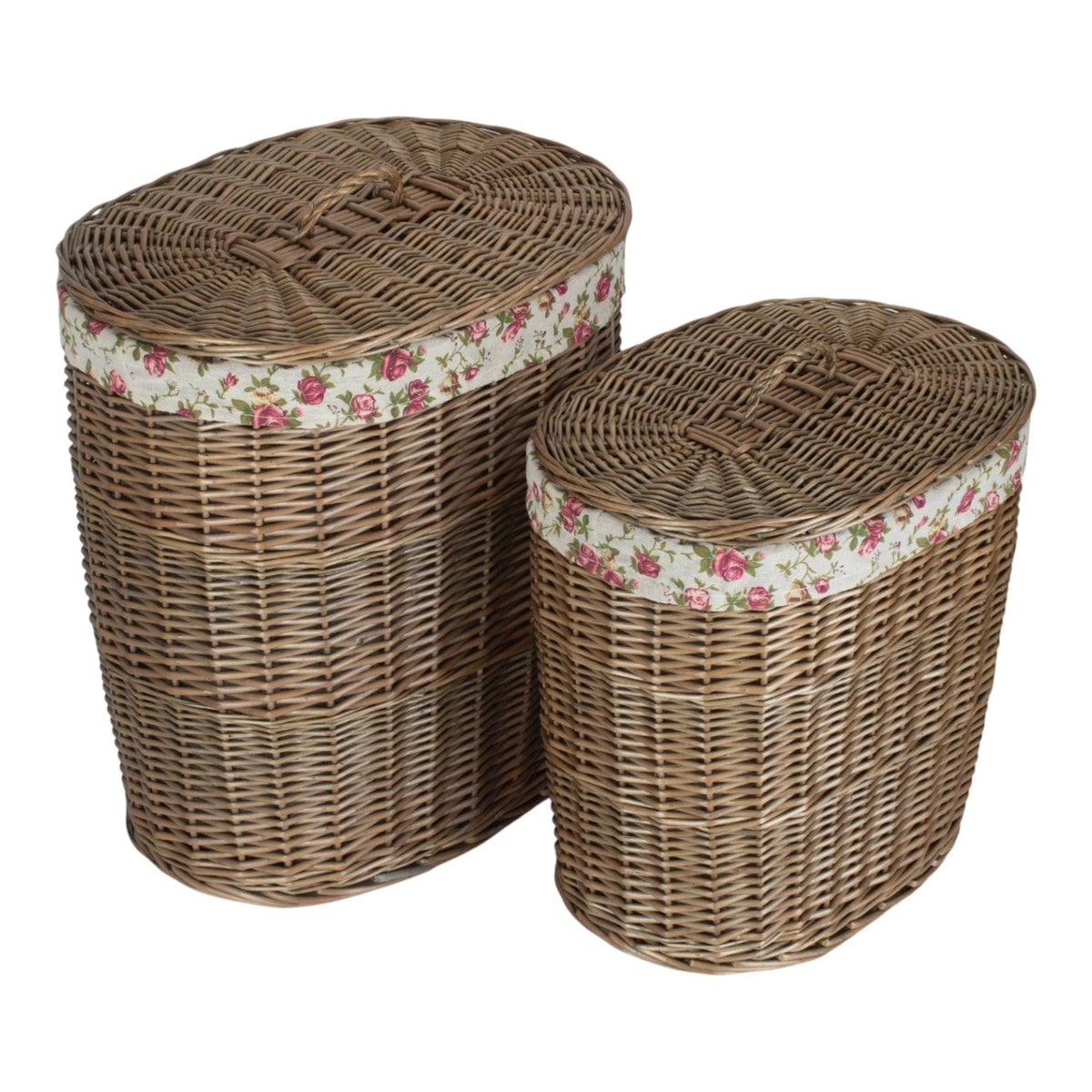 The Willow Basket Antique Wash Garden Rose Cotton Lined Oval Willow Laundry Basket