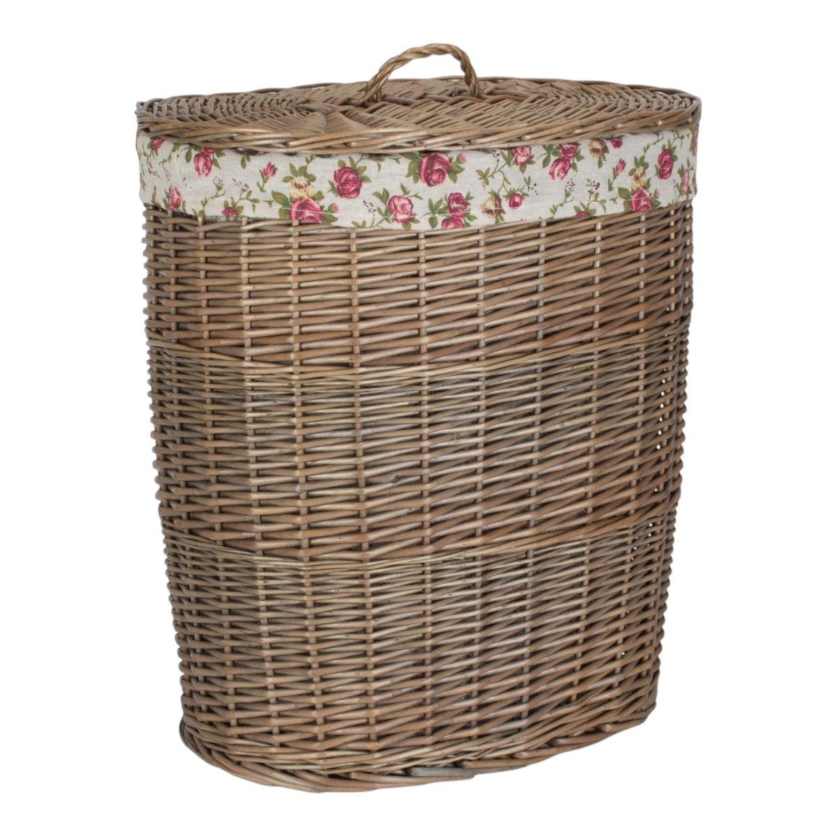 The Willow Basket Antique Wash Garden Rose Cotton Lined Oval Willow Laundry Basket