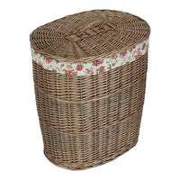 The Willow Basket Antique Wash Garden Rose Cotton Lined Oval Willow Laundry Basket