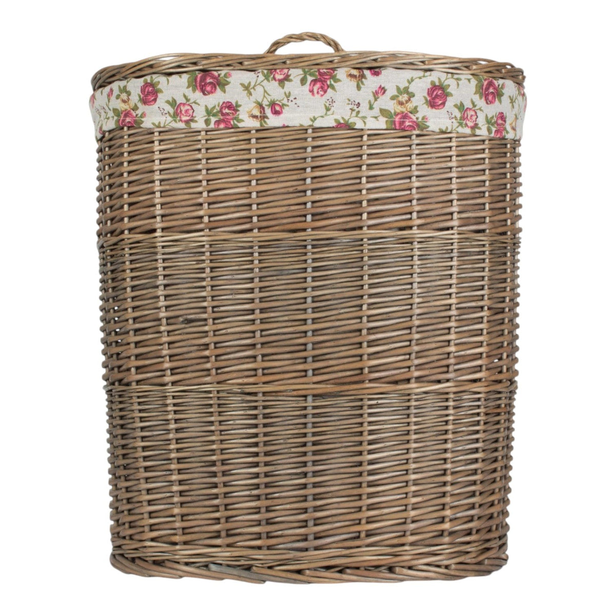 The Willow Basket Antique Wash Garden Rose Cotton Lined Oval Willow Laundry Basket
