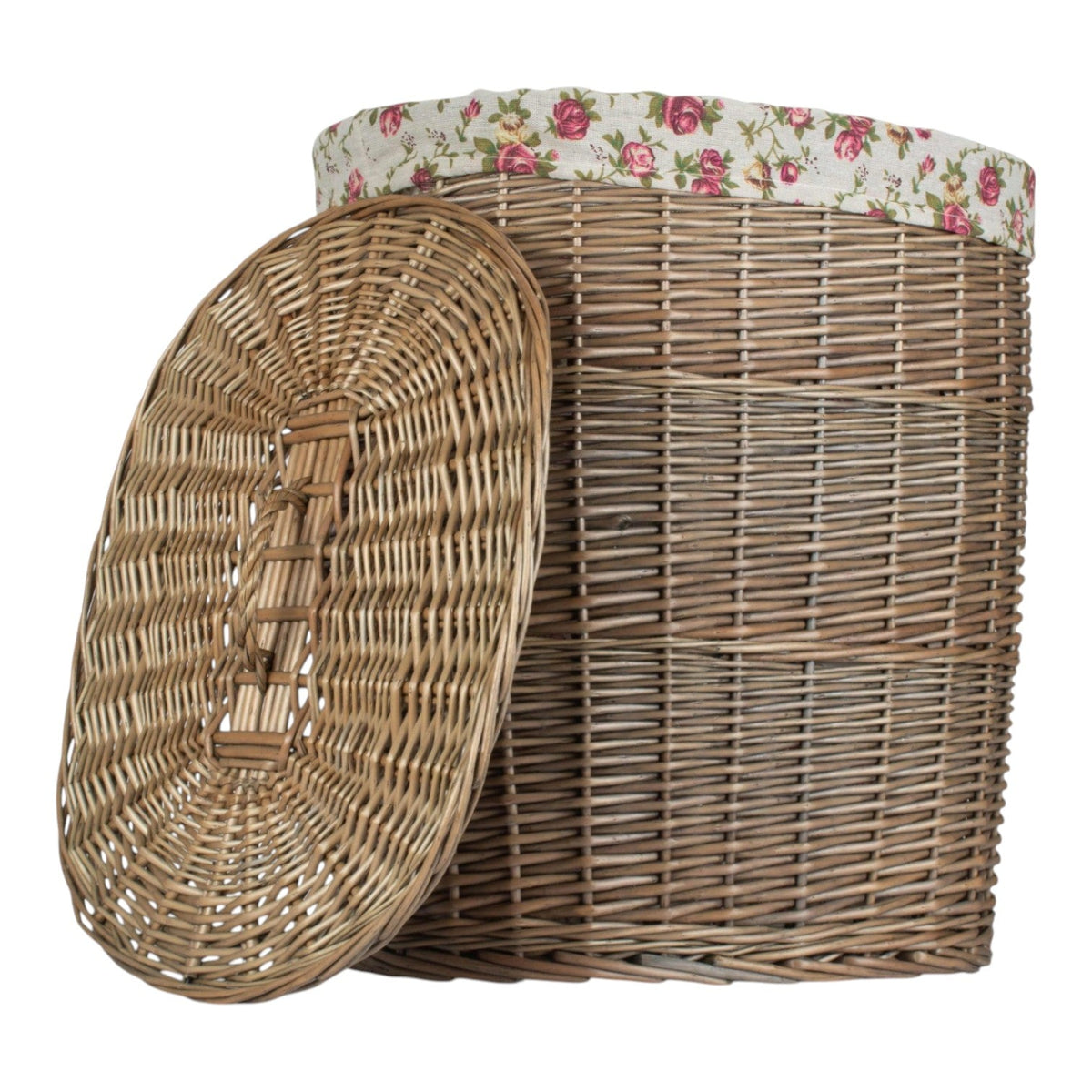 The Willow Basket Antique Wash Garden Rose Cotton Lined Oval Willow Laundry Basket
